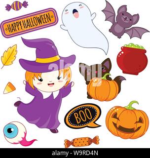 Satz von Cute Halloween Figuren und Ornamente - Mädchen in einer Hexe Kostüm, ghost, schwarze Katze, bat, Evil Eye, Kürbis, Topf mit Zaubertrank, Süßigkeiten, Aufkleber mit Stock Vektor