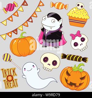 Satz von Cute Halloween Figuren und Ornamente - Vampir, Geist, Candy, Fahnen, Kürbis, Kuchen mit einem Sugar Skull, Aufkleber mit Beschriftung Trick oder Tre Stock Vektor