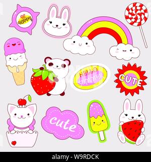 Satz von niedlichen Symbole in kawaii Stil. Panda mit Erdbeere, Osterhase mit Wassermelone, Eis, Regenbogen, Cat, Aufkleber mit Beschriftung niedlich, hallo Summe Stock Vektor