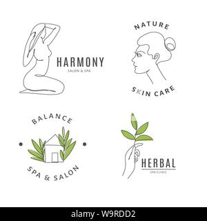 Spa Salon logo Vorlagen mit Körper und Natur line Art. Stock Vektor
