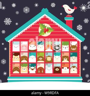 Weihnachten Adventskalender mit Haus und niedliche Tiere Symbole mit Zahlen. Frohe Weihnachten Design. EPS8 Stock Vektor