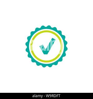 Gültige Dichtung Symbol. Blauer Kreis mit Band Umrisse und blauen Kästchen. Flache OK Aufkleber Symbol. Stock Vektor