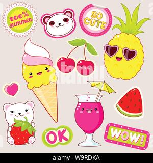 Satz von niedlichen Symbole in kawaii Stil. Eisbären mit Erdbeer, Eis, Ananas in Sonnenbrille, Kirsche, Glas Saft, Aufkleber mit Beschriftung o Stock Vektor