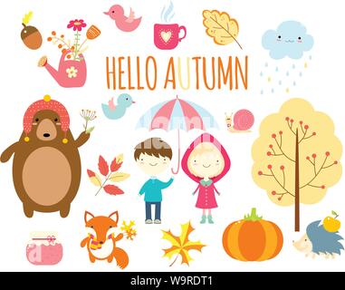 Hallo Herbst. Einstellen der netten Wald Tiere und Kinder in der Hand gezeichneten Stil. Junge mit Regenschirm, Mädchen in einem Regenmantel, Bär, Fuchs, Igel, Kürbis, gelb Stock Vektor
