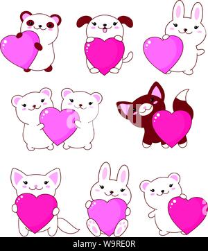Satz von niedlichen Tiere baby-Eisbär, Panda, Hund, Hase, Katze. Mit Rosa und Rot glänzend Valentine Herzen kawaii Stil. EPS8 Stock Vektor