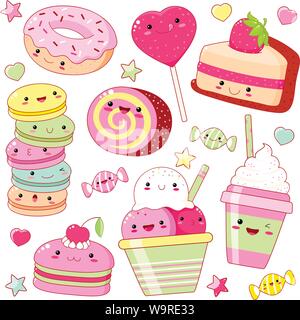 Satz von Niedlich süß Symbole in kawaii Stil mit lächelnden Gesicht und rosa Wangen für Sweet Design. Aufkleber mit Beschriftung so süß. Eis, Süßigkeiten, Donut, Stock Vektor