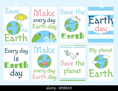 Einstellen des Earth Day Banner, Etiketten, Flyer, Aufkleber, Plakate mit niedlichen Planeten in kawaii Stil und Inschriften. Vector template Karte für die Begrüßung, Dez Stock Vektor