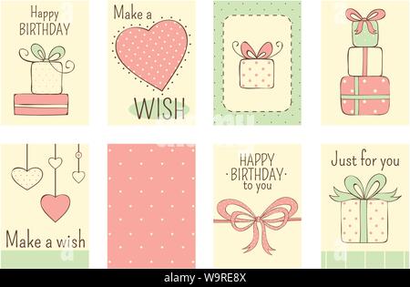 Satz von Banner, Hintergrund, Flyer, Plakat in naive Hand gezeichneten Stil in Pastelltönen, mit Inschrift. Geburtstag Labels für Scrapbooking. Vektor templa Stock Vektor