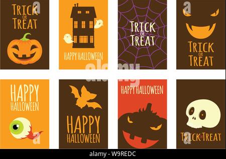 Satz von Vector Halloween Karten mit Orange, Schwarz und Rot. Plakat für Scrapbooking. Vector template Karte für die Begrüßung, Dekoration, Gratulation, Stock Vektor