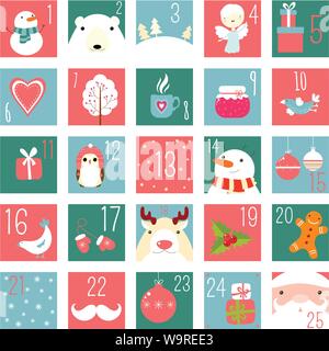 Weihnachten Adventskalender mit Elementen in naive Hand gezeichneten Stil. Satz von Winterurlaub Weihnachten Symbole mit Santa Claus, Eisbär, Geschenke, Schneemann, Schnee Stock Vektor