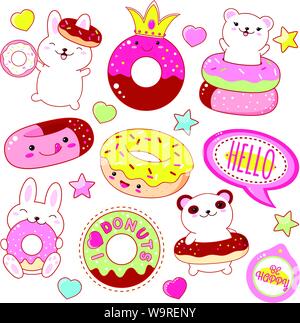 Eingestellt von süßen Donut Symbole in kawaii Stil mit lächelnden Gesicht und rosa Wangen für Sweet Design. Aufkleber mit der Aufschrift Ich donuts Liebe und glücklich sein. Bunny Stock Vektor