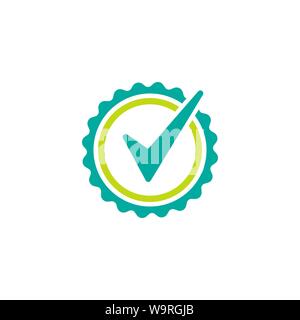 Gültige Dichtung Symbol. Blauer Kreis mit Band Umrisse und blauen Kästchen. Flache OK Aufkleber Symbol Stock Vektor