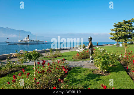 Schweiz, Waadt, Waadt, Vevey, Ville, Stadt, Stadt, Statue, Charlie Chaplin, Lac Léman, Genfer, Genfer See, Bâteau, Schiff, Boot, CGN Italie Stockfoto