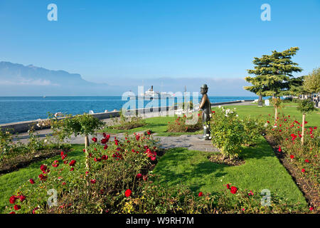 Schweiz, Waadt, Waadt, Vevey, Ville, Stadt, Stadt, Statue, Charlie Chaplin, Lac Léman, Genfer, Genfer See, Bâteau, Schiff, Boot, CGN Italie Stockfoto