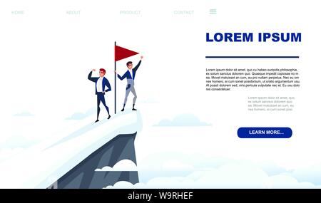 Geschäftsmann kletterte auf die Spitze des Berges arbeiten im Team Konzept rote Flagge auf verschneite Berggipfel mit wolken landschaft flach Vector Illustration Stock Vektor