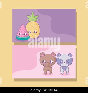 Nette Gruppe von Früchten und Tieren baby Style kawaii Vector Illustration Design Stock Vektor