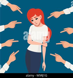 Viele Hände zeigen die traurigen redhead umgekippt Frau nach unten flach Vector Illustration auf blauem Hintergrund Stock Vektor
