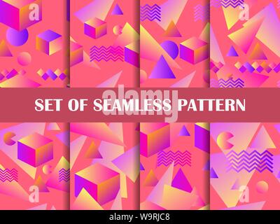 Memphis nahtlose Muster eingestellt. Geometrische Formen mit Farbverlauf im Stil der 80er Jahre, Isometrie. Vector Illustration Stock Vektor