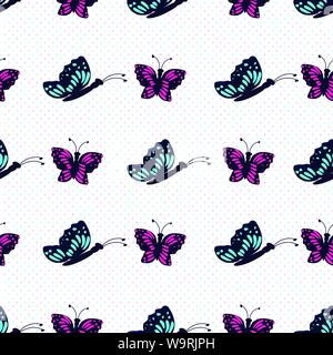 Hand blau und rosa Schmetterling auf einem weißen Hintergrund mit zufälligen Pastell blau und rosa Punkte gezeichnet. Oberfläche Pattern Design. Stock Vektor