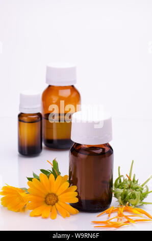 Dunkle kosmetische Flasche aromatisches Öl für pflanzliche Arzneimittel mit Calendula flower auf weißen Hintergrund isoliert. Ringelblumen Extrakt. Stockfoto