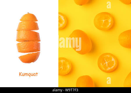 Kreative Gestaltung mit frischen Kumquats auf gelbem Hintergrund Stockfoto