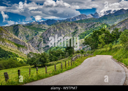 Calmayor Crag, Desfiladero de Los Beyos hinter, El Cornion massiv, von der Straße in der Nähe von Dorf Viego, Picos de Europa, Ponga Naturpark, Asturien, Spanien Stockfoto