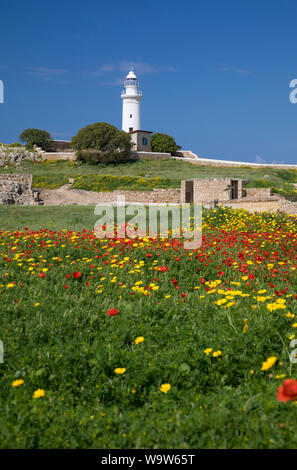 Paphos Leuchtturm mit wilden Blumen im Vordergrund, Kato Pafos archäologischen Park, Zypern Stockfoto