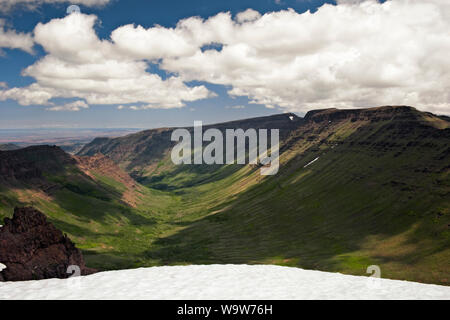 Schnee Regal verlängert in Juli mit Blick auf die spektakuläre Aussicht auf kiger Schlucht auf SE des Oregon Steens Mountain Wilderness. Stockfoto