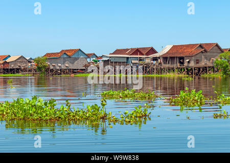 Die bunte Stelzenhäuser in der schwimmenden Dorf von Kompong Khleang vom Tonle Sap See, Siem Reap, Angkor, Kambodscha. Stockfoto