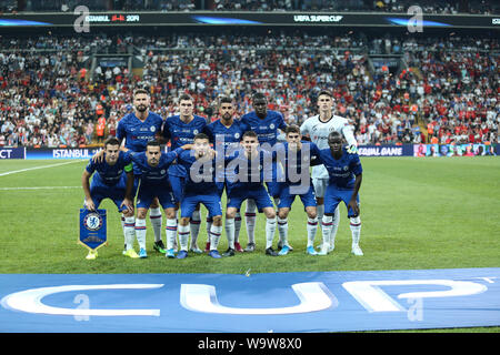 Chelsea posieren für ein Foto des Teams vor der UEFA Super Cup Match zwischen Liverpool und Chelsea an Vodafone Park. (Final Score: Liverpool 5 - 4 Chelsea) Stockfoto