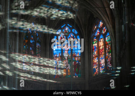 Sonnenlicht und Schatten spielen auf das Sicherheitsnetz unter der Decke in der Kirche Saint-Jacques in Dieppe, Frankreich. Stockfoto