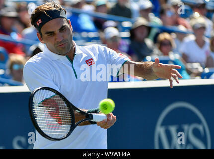 Mason, Ohio, USA. 15 Aug, 2019. August 15, 2019: Roger Federer (SUI) verliert gegen Andrej Rublev (RUS) 6-3, 6-4, am Westlichen und Südlichen Öffnen bei Lindner Family Tennis Center in Mason, Ohio gespielt wird. Ã' © Leslie Billman/Tennisclix/CSM Credit: Cal Sport Media/Alamy leben Nachrichten Stockfoto