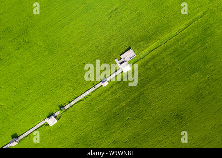 Bild des Schönen terrassierten Reisfeldern in Wasser und Bewässerung von Drone, Ansicht von oben von rices Reisfeld mit Holzbrücke. Stockfoto