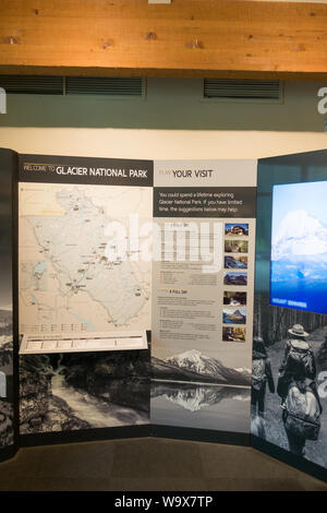 Glacier National Park Geschichte Zeichen/Anzeige innerhalb des Apgar Visitor Centre, Montana Stockfoto