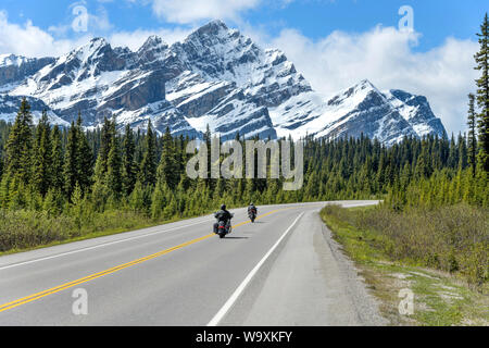 Reiten auf Icefields Parkway - zwei Motorradfahrer genießen Sie eine malerische Fahrt auf Icefields Parkway, mit Mt. Patterson hoch aufragenden Vorne, Banff National Park. Stockfoto