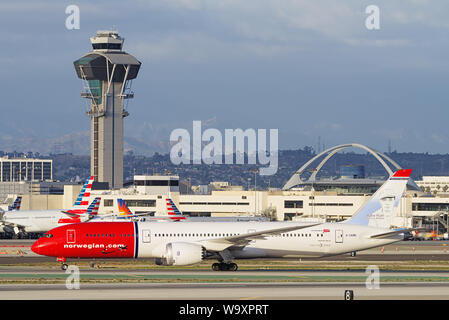 Das norwegische Flugzeug ASA Boeing 787 zeigte auf dem Los Angeles International Airport, LAX. Stockfoto