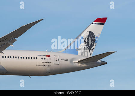 Das norwegische Flugzeug ASA Boeing 787 wurde gezeigt, als es sich dem Los Angeles International Airport, LAX, zur Landung näherte. Stockfoto