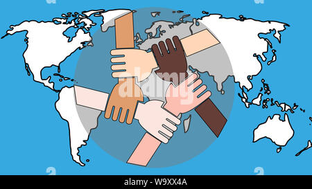 Junge Menschen, die ihre Hände zusammen. Freunde mit Stack von Händen, Einheit und Teamarbeit, Ansicht von oben. Stockfoto