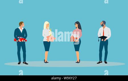 Der Vektor der Geschäftsleute Holding cartoon Auto, Haus, Sparschwein und Absolvent der Gap. Sparen und Geld anlegen. Stock Vektor