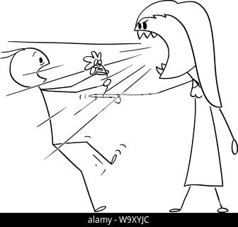 Vektor cartoon Strichmännchen Zeichnen konzeptionelle Darstellung der Frau auf Datum schreien oder schreien, als Monster bei Mann hält eine Blume. Konzept oder ein paar Beziehung und Liebe. Stock Vektor