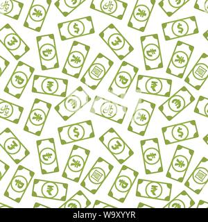 Viele verschiedene helle grüne Geld Banknoten mit gemeinsamer Währung Zeichen wie us-Dollar, Pfund, Yen, Yuan, Rubel, Euro, rupee, Rial und Lira, nahtlose Stock Vektor