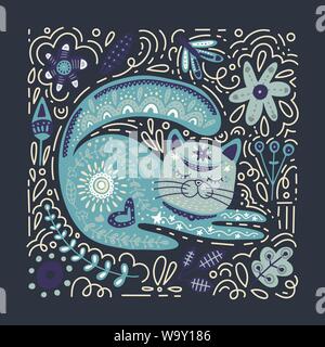 Volkskunst vektor Tier Abbildung im skandinavischen Stil. Tribal Nordic quadratische Karte mit detaillierten Katze und Blumenschmuck. Stock Vektor