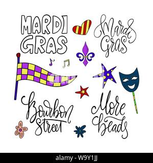 Mardi Gras party Vector Illustration. Schriftzug Karneval Quotes mit Maskerade doodle Elemente. Big Grußansage eingestellt. Stock Vektor