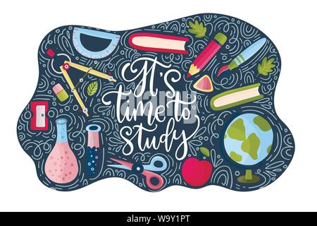 Vektor Schule Karte mit Flach- und doodle Illustrationen und handgezeichneten Schriftzug Zitat. Zurück zu Schule. Es ist an der Zeit, Postkarte mit Apple zu studieren, Kompass Stock Vektor