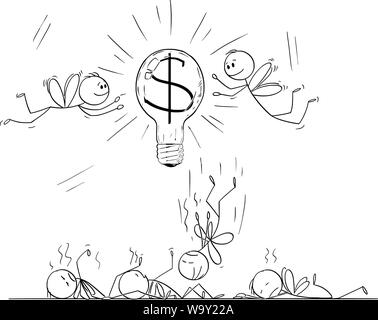 Vektor cartoon Strichmännchen Zeichnen konzeptionelle Darstellung der Unternehmer als fliegt oder Motten vom Licht Lampe mit Dollar oder Geld Symbol angezogen, einige Fliegen herum und einige sind tot, durch Glut und Hitze getötet. Stock Vektor