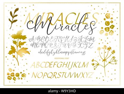 Hand gezeichnet Vektor Alphabet. Duo Font mit Buchstaben, Zahlen, Symbole und goldenen Einrichtung. Für Kalligraphie, Schriftzüge, hand made Zitate. Stock Vektor