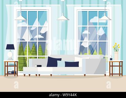 Gemütliches Wohnzimmer Home Interior Hintergrund mit Fenster. Stock Vektor