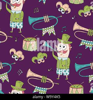 Nahtlose Muster mit maskerade Symbole. Mardi Gras party Vector Illustration. Karneval Karte mit Doodle Illustrationen. Mann mit Musikinstrumenten. Stock Vektor