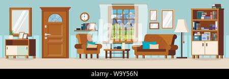 Gemütliche Eingangshalle Wohnzimmer mit Möbeln flache Design Vector Illustration. Stock Vektor