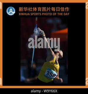 Peking, China. 15 Aug, 2019. XINHUA SPORT FOTO DES TAGES (Aug. 15, 2019) am 12.08.16, 2019 übertragen. Yu Ying der Provinz Fujian Delegation konkurriert beim Speerwerfen der Frauen Finale bei der 2 Jugend Spiele der Volksrepublik China in Zhuhai werfen, im Norden der chinesischen Provinz Shanxi, 15 August, 2019. Credit: Li Ming/Xinhua/Alamy leben Nachrichten Stockfoto